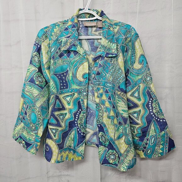 Chico's Jacket Blue Green Abstract Artsy Burnout Open Psychedelic Shacket 2 (L) - Picture 9 of 14